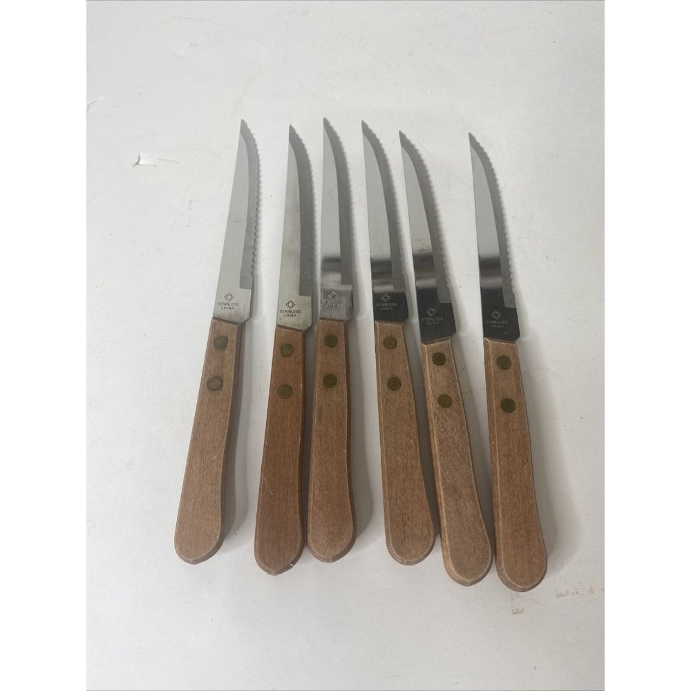 Steak Knives Wooden Handle Serrated Knife Set 6 Wood Stainless Steel - Picture 4 of 5
